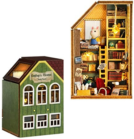 DIY Puppenhaus Kit, CUTEROOM Miniatur Puppenhaus Kit mit Möbeln und LED-Lichtern, DIY Mini Kaninchen Holz Puppenhaus Miniatur Gebäude Stadt Kits für Frauen Mädchen Geburtstagsgeschenke (Graues Haus)
