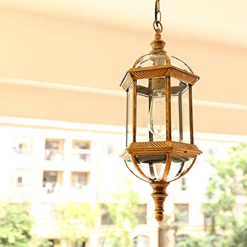 Waterproof IP54 Retro Industrial Pergola Garden Ceiling Hanging Lamp American Country Village Antique Metal Cage Outdoor Pendant Light Fitting Glass Lantern Pergola Porch Chandelier Lighting E2