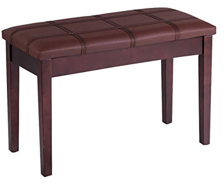 GYMAX Piano Bench with Storage and Padded Cushion, Double Duet Seat, Wooden Legs, PU Leather Keyboard Stool for Kids Adults (Plaid Surface+Straight Leg, Brown), GY10571CF
