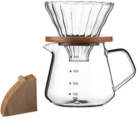 EBbels Pour Over Coffee Maker Set, Manual Glass Coffee Filter, Borosilicate Glass Dripper Coffee Server with 100pcs Paper Filters, Drip Coffee Maker Set for Home or Office (600ml)