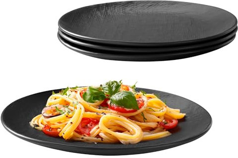 Navaris Platos Llanos Negros - 4x Juego de Platos de Ceramica de 27 cm - Set Platos Llano Sueltos x4 - Apto para Microondas Lavavajillas y Horno - 4x Platos Vajilla Negro Carbón