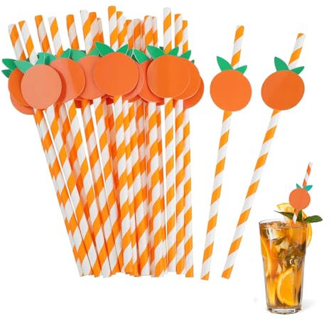 ChAusa 50 Pièces Pailles Papier,Pailles en Papier Kraft, Pailles Biodégradables,Pailles Rayées Orange et Blanches,Paille en Carton pour les Anniversaires,Mariages,Noël (Couleur Orange)