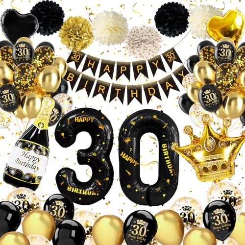 30 Geburtstag Frauen Männer, Schwarz Gold Deko 30 Geburtstag Mann Frau, 30 Geburtstag Deko mit Happy Birthday Banner Konfetti Luftballons 30. Geburtstag Nummer 30 Folienballons für 30. Geburtstag Deko