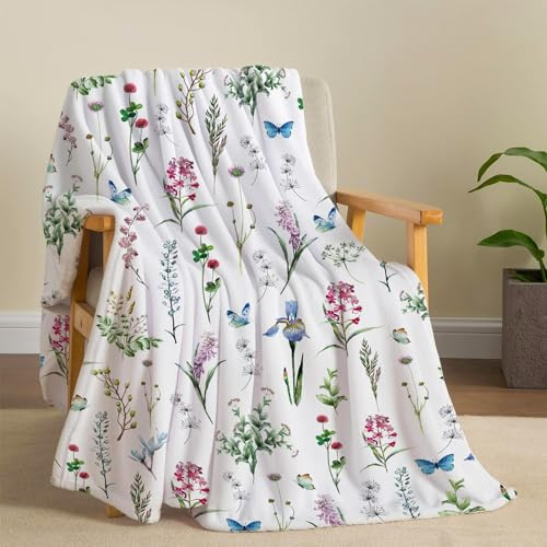 Tupmnbry Wildflowers Throw Blanket Botanical Floral Blanket Super Soft Flannel Throw Blanket Lightweight Fluffy Plush Fuzzy Bed Blanket for Bedding Sofa and Travel 60X80