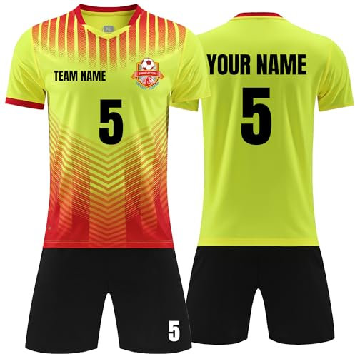 Faletony Personalisiertes Fussball Trikot Kinders Erwachsene Fusstball Shirt & Shorts Set mit Name Nummer Team Logo Personalisierte Fußballtrikot Jungs Mädchen (Polyester, Gelb)