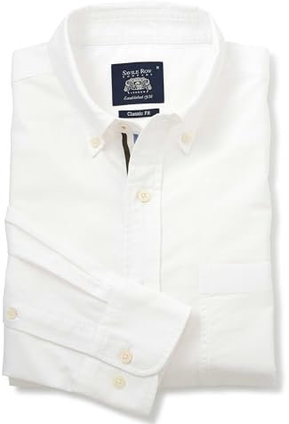 THE SAVILE ROW COMPANY LONDON Men's Classic Fit Button Down Long Sleeve Oxford Shirt - White with Contrast Detail - Large