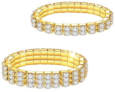 Kucheed 2 Stück Stretch Armbänder mit Strasssteinen, Twinkle Diamant Tennis Armreif, Bling Stapelbares Brautarmband aus Kristall, Glänzendes Hochzeits Party Armband für Frauen (Gold)