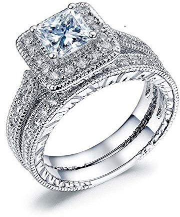 925 Sterling Silver Two in one Double-Layer Cubic Zirconia Wedding Ring for Women, Halo Wedding Ring Set, Men's and Women's Titanium Stainless Steel Ring 2-Piece Set Size 7