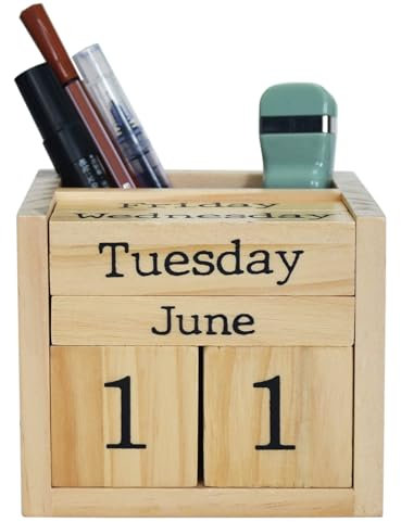 Ewiger Kalender aus Holzblöcken, mit Stifthalter, natürliches Kiefernholz, für Zuhause, Büro, Schreibtisch, Organizer, wiederverwendbar, Datum, Woche, Monat, Zubehör, Tischdekoration
