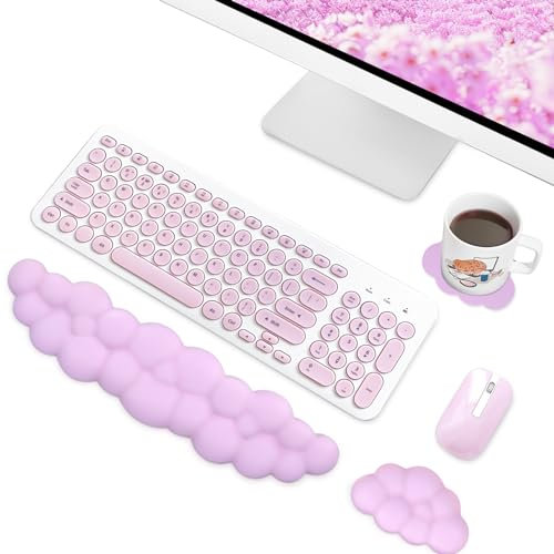 Cloud Wrist Rest Set with Mouse Rest and Cup Coaster, 3Pcs Comfortable Memory Foam Mouse Keyboard Wrist Rest with Anti-Skid Coasters, Pain Relief Ergonomic Wrist Support for Office Home Games (Pink)