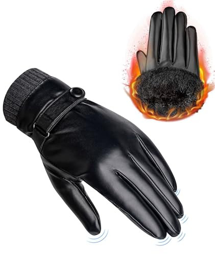 CAOZITOU PU Lederhandschuhe Herren Winter,Thermo Handschuhe Warme Fleece Touchscreen, Winterhandschuhe Winddicht Wasserdichte Gefütterte für Outdoor Fahren(Schwarz, M)