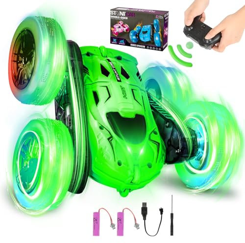 BuzzoXerexBuzzoXerex Ferngesteuertes Auto, 2.4Ghz RC Auto, 4WD RC Stunt Auto 360° Flip mit LED Blinken und 2 Aufladbarer Batterien für Geschenk Jungen Mädchen ab 3 4 5 6 Jahre (Grün)