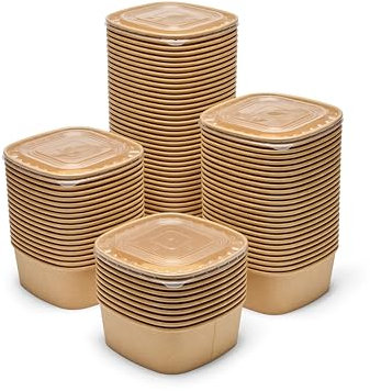 Londoncoffeecups 1250ml Square Kraft Paper Disposable Container with Plastic Lids Take Away Food Container Kraft Bowl (1250ml, Square, 100 sets)