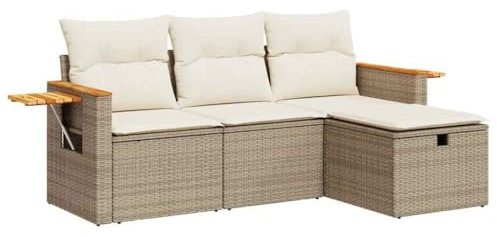 vidaXL 4-TLG. Garten-Sofagarnitur mit Kissen Beige Poly Rattan, Outdoor Sofa Set, Outdoor Sofagarnitur, Garten-Lounge-Set, Garten Sofagarnitur