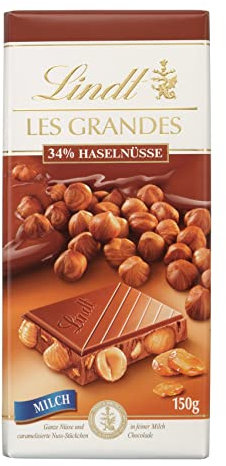 Lindt Schokolade Les Grandes Haselnuss Milch | 150 g Tafel | Ganze Nüsse und karamellisierte Nuss-Stückchen in feiner Milch Schokolade | Schokoladentafel | Schokoladengeschenk