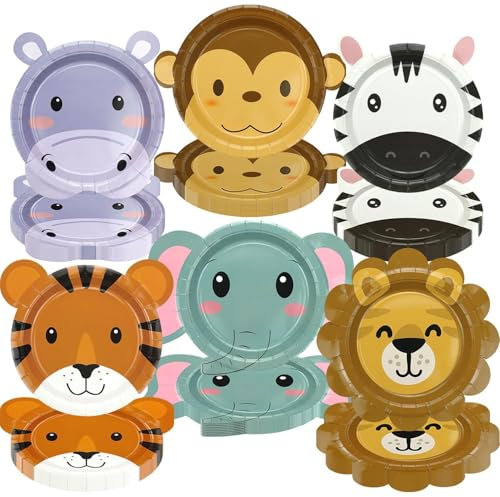 Confezione da 60 piatti di carta animale Jungle Safari per feste di compleanno, festa allo zoo, baby shower