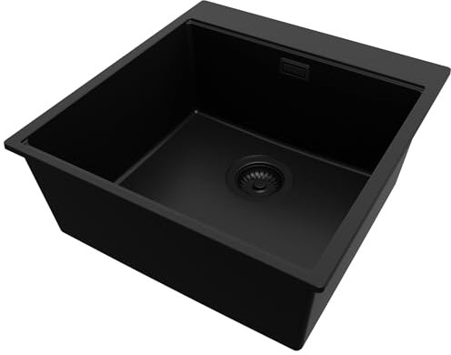 PRIMAGRAN Spülbecken Alles Schwarz 48x50cm, Granitspüle 1 Becken + Ablauf-Set, Küchenspüle ab 50er Unterschrank - Oslo
