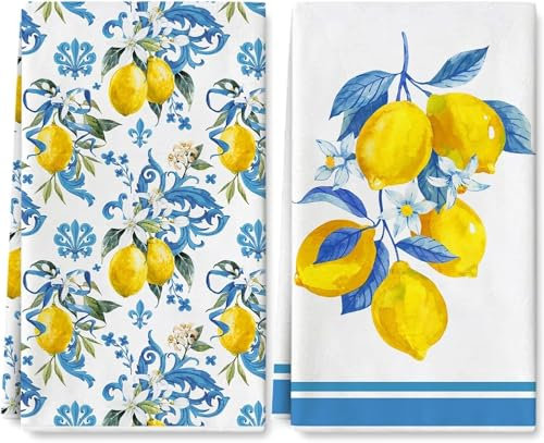 MOAZIFI 2 Stück 40x60 cm Zitrone Blumen Floral Sommer Küchentücher Geschirrtücher, Saugfähig und Schnell Trocknende, Saisonale Frühling Summer Dekoration Handtücher, Sommer Zitrone deko für Küchen