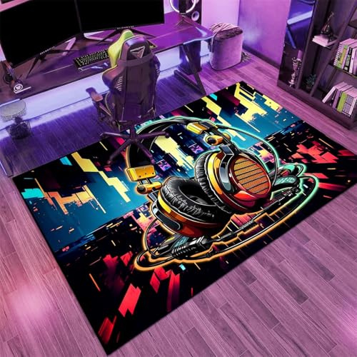 PEIHUODAN Jugendliche-Gaming-Zimmer-Teppich, Stylischer Graffiti-Neon-Kopfhörer-Musikteppich, Moderne Bodenmatten Für Kinderzimmer E-Sport-Räume, Große Wohnzimmerteppiche (Style 9,160x230cm)