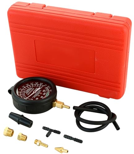 DASBET Car Vacuum and Fuel Pump Tester Gauge Kit, Fuel Pump and Vacuum Testing Gauge, Petrol Engine Vacuum Tester, Fuel Pressure Testing Kit Leak Carburetor Pressure Diagnostics (Red)