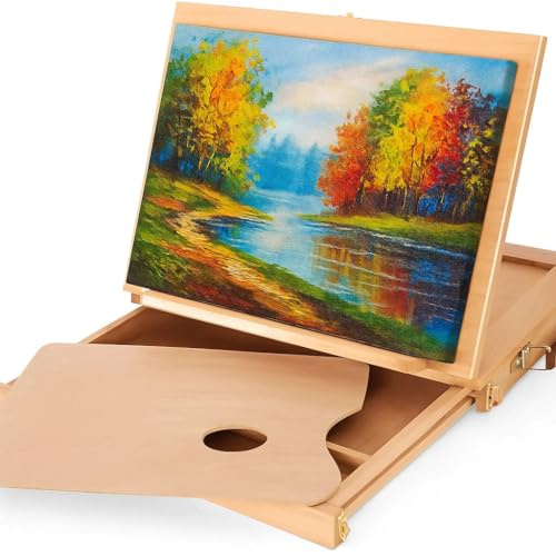 Wooden Table Easel Box - Adjustable Beechwood Artist Drawing Stand with Storage Drawer, Portable Folding Sketching Board for Painting, Drawing & Display