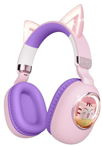 sunvito Cuffie leggere Bluetooth per bambini, con orecchie di gatto, pieghevoli, con luci a LED, senza fili e modalità cablate, ideali per scuola, viaggi, tablet e PC (rosa viola)