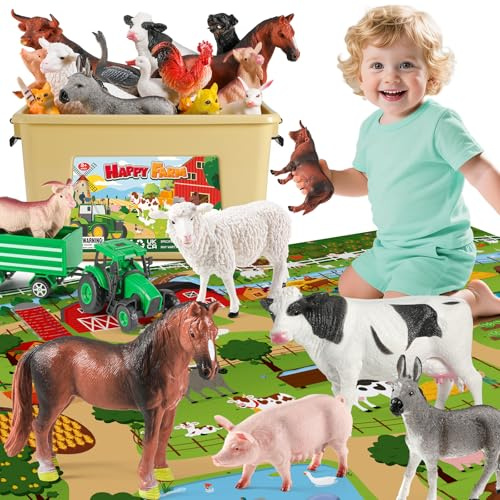 FRUSE 38 Stück Bauernhof Spielzeug mit 120x80 cm Spielmatte,Tiere Figuren | Bauernhoftiere, Tierfiguren, Traktor Spielzeug, Bauernhofwerkzeuge, Aufbewahrungsbox, Lernspielzeug, Geschenk ab 3 4 5 Jahre