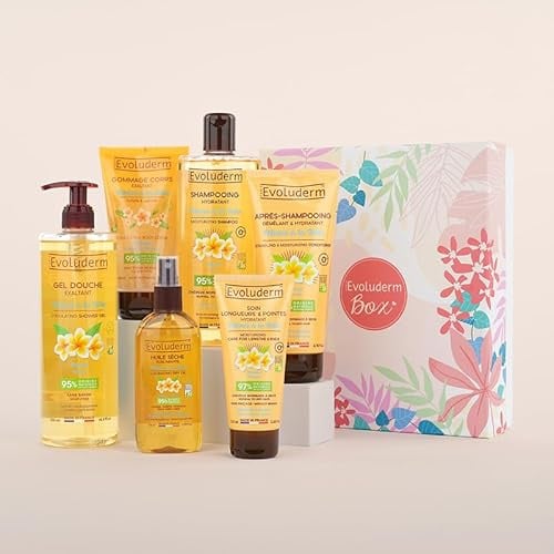 EVOLUDERM - Coffret Cadeau Bain Femme Corps & Cheveux au Monoï de Tahiti – 6 produits – un cadeau offert - Origine Naturelle - Cadeau de Noël, Anniversaire, Fête des Mères (Harmonie)