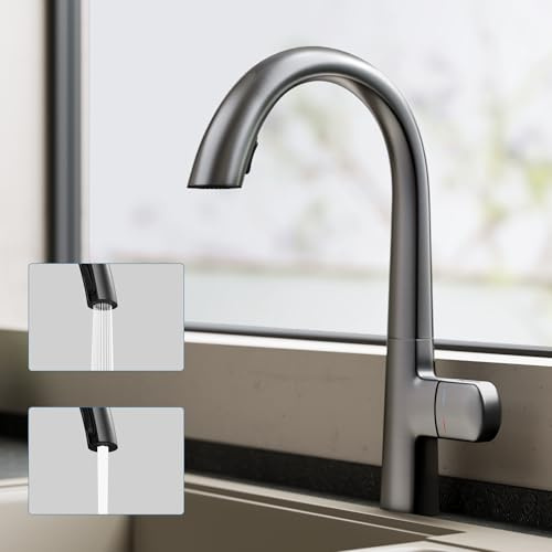 doporro Wasserhahn Küche ausziehbar Messing, Küchenarmatur Hochdruck | Mischbatterie Armatur Küche mit massivem Messingkörper, 360 Grad schwenkbare Spültischarmatur Küche Grau MS-8095
