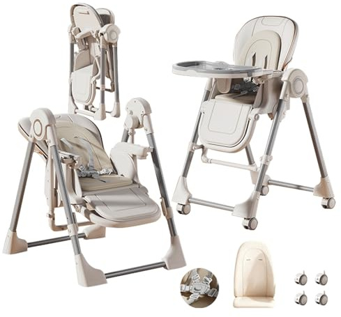 MoLi PU-Leder Hochstuhl, Hochstuhl mit Schaukelfunktion, Kinderhochstuhl der Sich in Einen Schaukelstuhl Verwandeln Lässt, Verstellbarer Sitz Hochstühle (X8121 White)