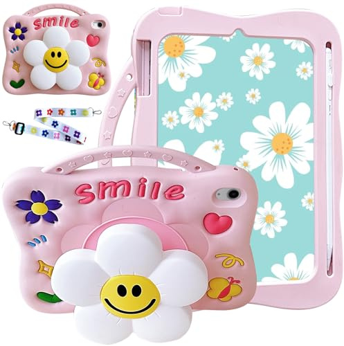 KEDBBAO Hülle für iPad (A16) 11 Generation 11 Zoll 2025, iPad 10 Generation 10.9 Zoll 2022, Stoßfeste Kinderhülle mit Stiftfach und Verstellbarem Schultergurt, Smiley Flower