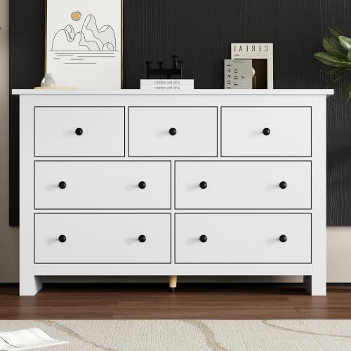 dowowdo Commode Blanche Moderne 7 Tiroirs - 152 x 40 x 89 cm - pour Chambre à Coucher, Salon, Couloir