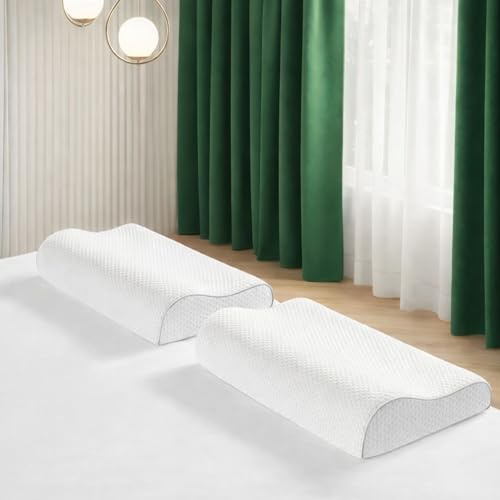Willow & Sage Large Contour Memory Foam Pillow 60x40x10/12cm – Orthopaedic Cervical Neck Support Pillow – Ergonomic Design for Back & Side Sleeping – Breathable Removable Cover (Pack of 2)