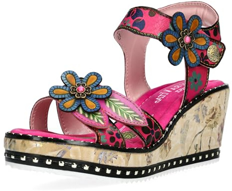 Laura Vita Damen Sandalette Plateau und Keilabsatz Blütenapplikation Ballon 08