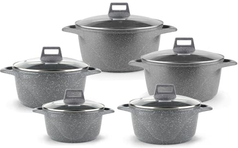 EVERYPAN Speckled Granite Pot Set – 5 Piece Non-Stick Cooking Pots with Glass Lids, Induction & All Hob Compatible, Durable Aluminium Cookware Set (Grey)