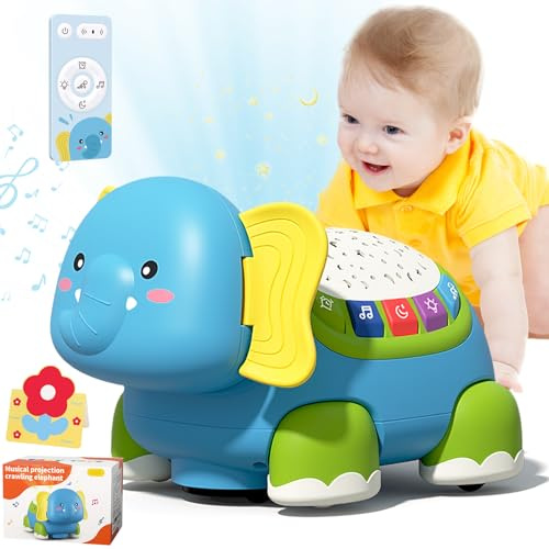 YUTUY Giochi Neonato 3-12 Mesi,Gioco per Gattonare Neonato, Musicale Giochi Bambini,Elefante Musicale Bambini,Proiettore di Stelle con Cartolina di Auguri per Bambini con Luci e Musica