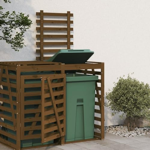 GeenYuu Erweiterung für Mülltonnenbox Honigbraun aus massivem Kiefernholz mit Tür, Schloss und Deckel, 78x91,5x128,5 cm, Müllbox Verkleidung für 2 bis 4 Tonnen, Sichtschutz für Garten, Terrasse