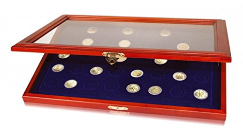 SAFE 5868 Echt Holz Münzkasette für 40 x 2 Euromünzen Gedenkmünzen | Vitrine für 26 mm Euromünzen | Königsblaue Samteinlage | Abmessungen: 375x260x30 mm