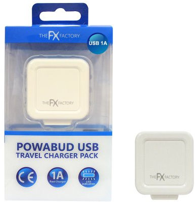 FX Factory Powabud 5V/1A USB Portable Mains Wall Charger for iPhone/iPad/Samsung Tab/iPod/Smartphone/5V Tablet/Bluetooth Speaker/Headset - White