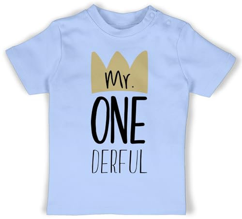 Baby T-Shirt Mädchen Jungen - 1. Geburtstag - Mr One Derful - 12/18 Monate - Babyblau - geburtstagsoutfit Junge 1 Jahr 1st Birthday Boy Outfit einjährige 1ter Tshirt t Shirt mr. onderful