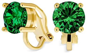 Boucles D'Oreilles Clous À Clip En Laiton Plaqué Or 14 Carats Avec Zircone Cubique Ronde Taillée En Brillant Verte 2CT Simulée Émeraude