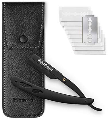 Rasoir de barbier avec étui en cuir fait main + stylo en pierre d'alun & 10 lames Astra - rasoir humide de qualité supérieure (Noir - Noir)