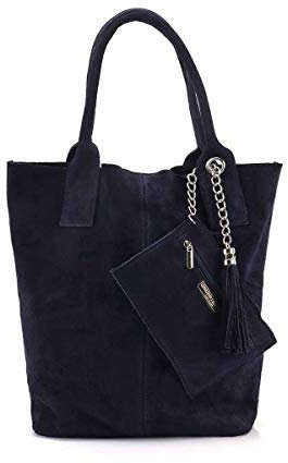 Made IN Italy Damen XXL Leder Tasche + Schmucktasche Handtasche Wildleder Shopper Schultertasche Fransen Umhängetasche Quaste Kette DIN-A4 Hobo Tote Bag Blau