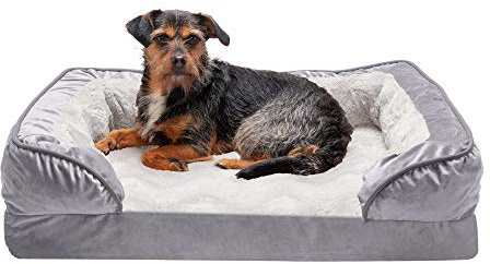 Furhaven Memory Foam Dog Bed for Medium/Small Dogs w/ Removable Bolsters & Washable Cover, For Dogs Up to 35 lbs - Plush & Velvet Waves Perfect Comfort Sofa - Granite Gray, Medium