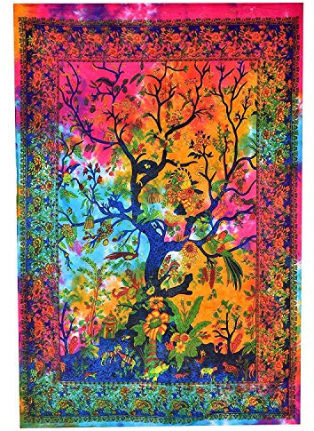 AVA Collections Tapisserie murale multicolore REPRÉSENTANT L'ARBRE DE VIE - Décoration murale à suspendre hippie, tie-dye, bohème, bobo - Couvre-table et décoration murale pour la chambre, le dortoir