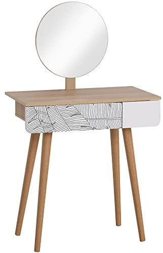 HOMCOM Toeletta Tavolo da Trucco con Specchio Circolare Ф39cm, Consolle Trucco con Cassetto con Decorazione Jungle, Bianco e Rovere, 70x39x119-128cm