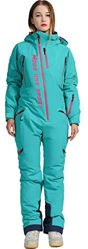 MOUS ONE Einteiliger Skianzug für Damen, wasserdicht, warm, isoliert, Ski-Overall, abnehmbare Kapuze, Schneeanzug für Schneesport, blau, Medium