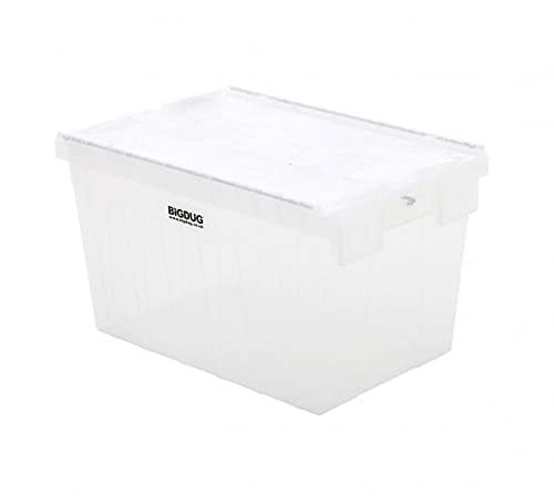 BiGDUG Tote Boxes - Heavy Duty Lidded Plastic Containers - Stackable Storage - 62 Litre Capacity - Pack of 4 Boxes - Translucent