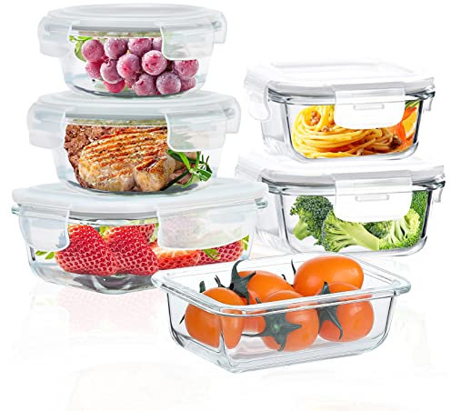 ROSOS Glass Food Storage Containers with Airtight Lids, 6 Pack Super Leak Proof Glass Containers with Lids, Not Easy Broken & BPA Free, Glass Food Containers for Freezer to Oven Safe, Grey