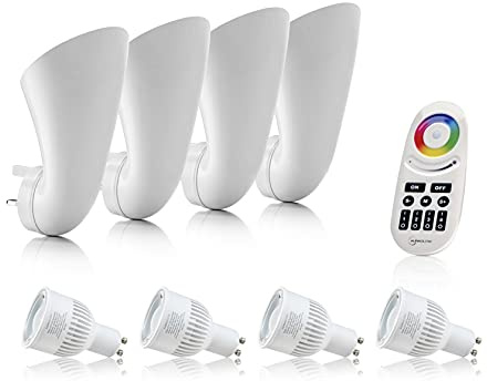 Auraglow Plug in Uplighters, Smart GU10 Bulbs, Four Zone Remote, 4 Pack | Socket wall wash spotlights, no wiring, 16 million shades, up or down glow, for lounge, bedroom and hallway